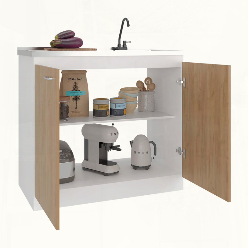 Armoire de rangement en chêne blanc et naturel avec deux portes et trois tablettes
