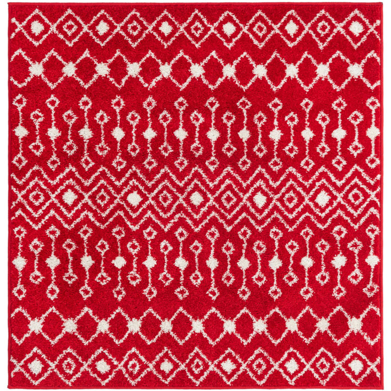 Tapis géométrique en chenille / polyester tissé à la machine Briehn - rouge / blanc, Carré 4 pi