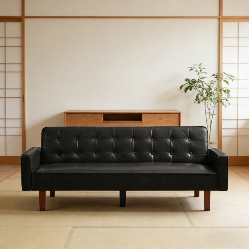 74.4" PU Convertible Futons Sofa Bed For Living Room, Black Leather