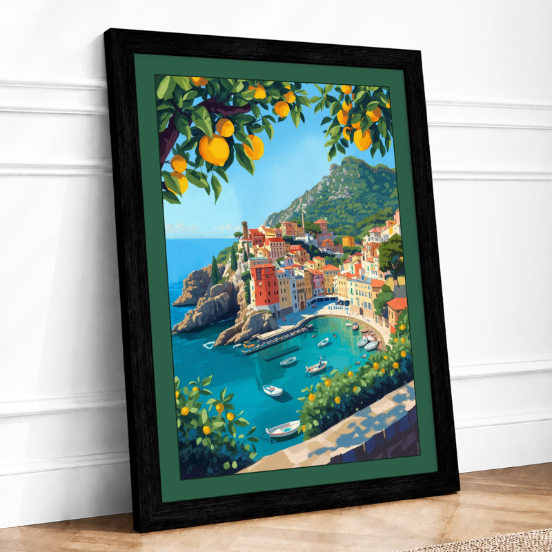 Cliffside Village Charm Retro - Framed Print, A3 - 42.0 x 29.7 cm, Black