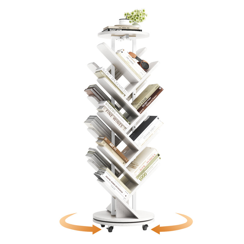 127cm H x 40cm W Metal Step Bookcase,16-Tier Tree Rotating Bookshelf, 360 Degree Spinning Standing Bookcase, Corner Bookcase with casters