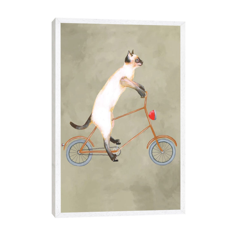 Cat On Bicycle - Print on Canvas, 101.6 cm H x 66.04 cm W, White Floater Framed