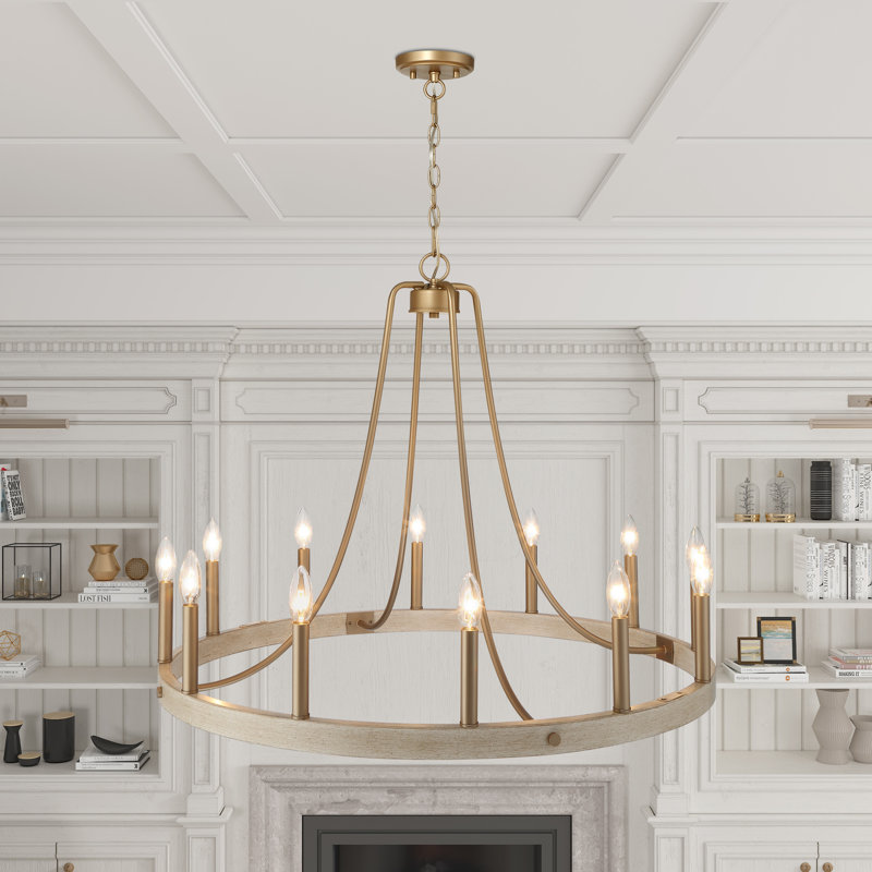 Adriana 12-Light Dimmable Steel Wagon Wheel Chandelier with Sloped Ceiling Adapter, French Ash