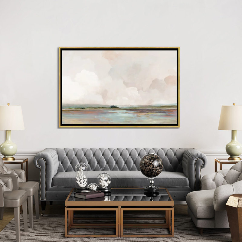 Lever de soleil rose, H 40 po x l 60 po x P 1,5 po, Toile avec cadre flottant or, Pas de tapis