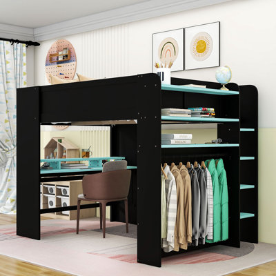 Full Loft Bed With Desk, RGB Light, Storage Shelves And Charging Station