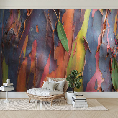 Peel and Stick Wallpaper 96" W x 69" H Modern Self Adhesive Wall Mural for Bedroom Rainbow eucalyptus tree bark