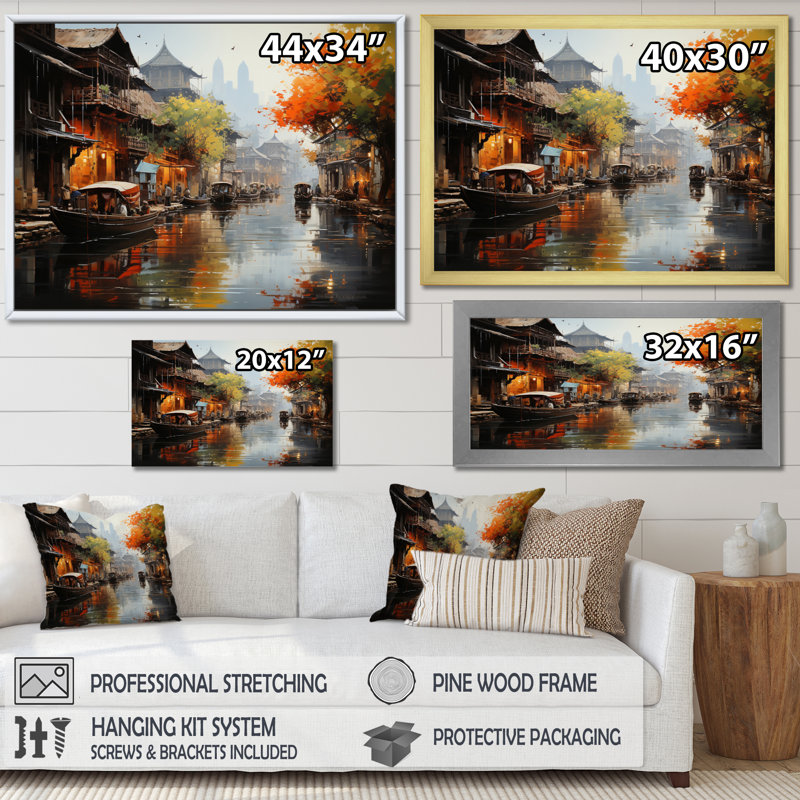 Rythmes du marché flottant du Vietnam I, H 30 po x l 40 po x P 1,5 po, Cadre flottant doré