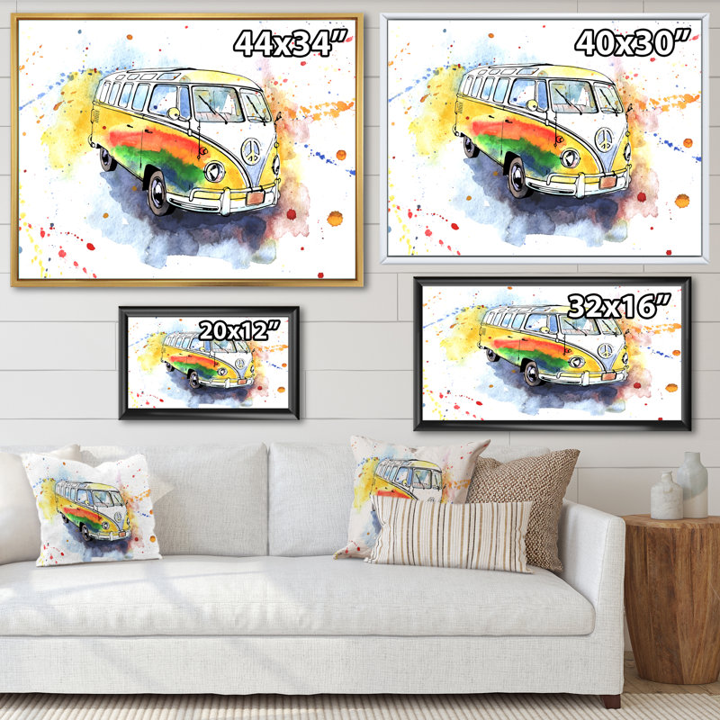 «Retro Grungy Hippy Bus», peinture sur toile, H 24 po x l 32 po x P 1 po, Cadre flottant doré