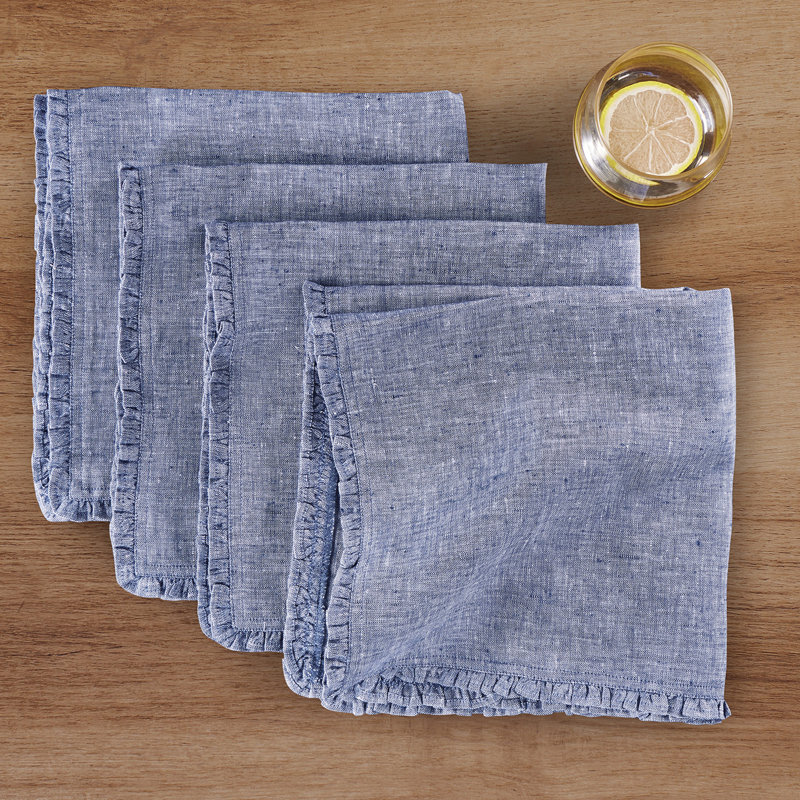 Juliette Ruffle - 100% Pure Linen Dinner Napkins, Chambray Indigo
