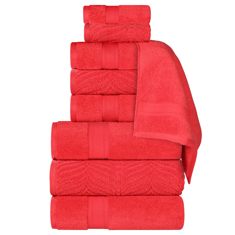 Aneira Chevron Zero Twist Solid and Jacquard Cotton 9 Piece Bathroom Towel Set, Red