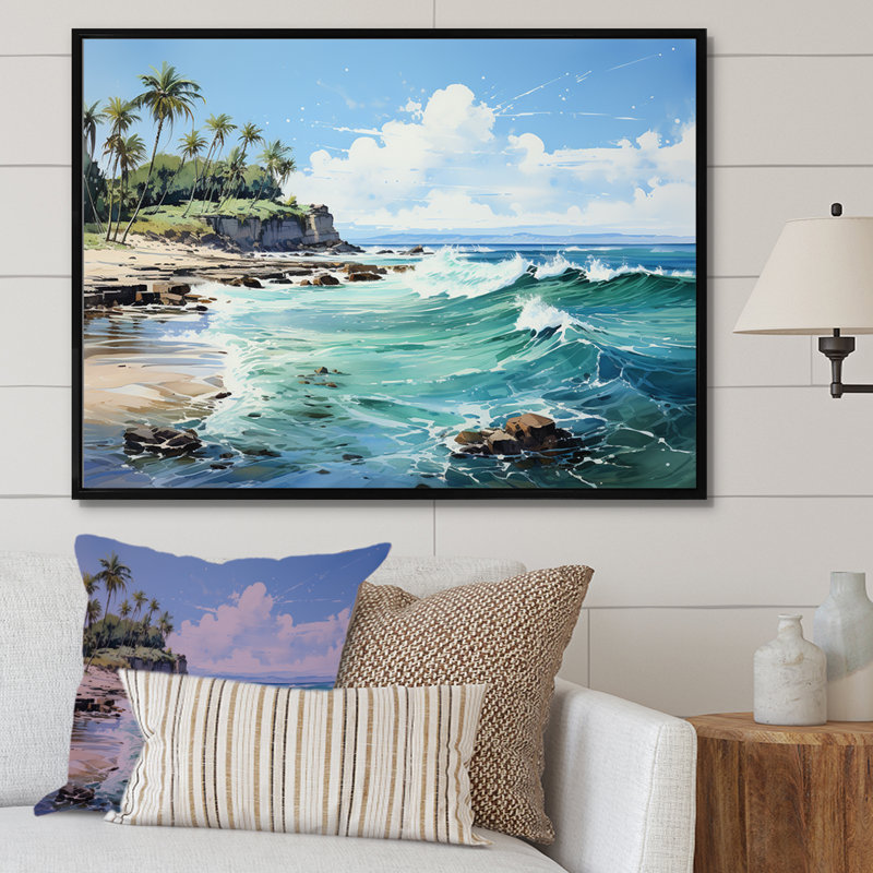 Reproduction sur toile d'un palmier turquoise sur fond tropical, H 34 po x l 44 po x P 1,5 po, Cadre flottant noir