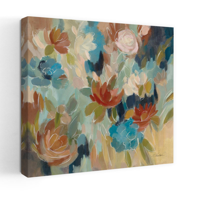 Floral contemporain bleu et sienne avec art abstrait bleu, H 36 po x l 36 po