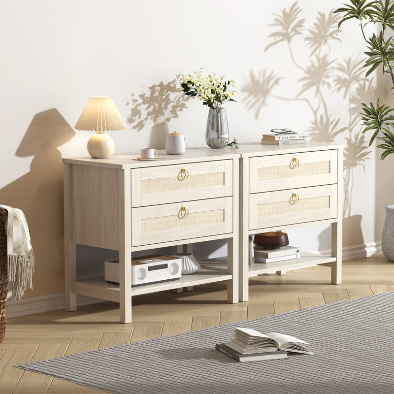 Table de chevet en rotin avec 2 tiroirs | Table de bout 26,7 po | Grande capacité de rangement | Bois et rotin résistant à l'eau | Table de chevet beige clair