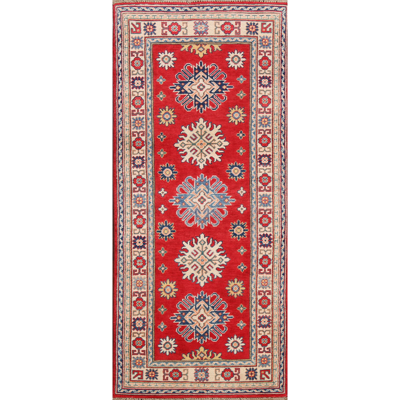 Tapis de couloir rouge / ivoire en laine noué à la main 2 pi 6 po x 6 pi 2 po