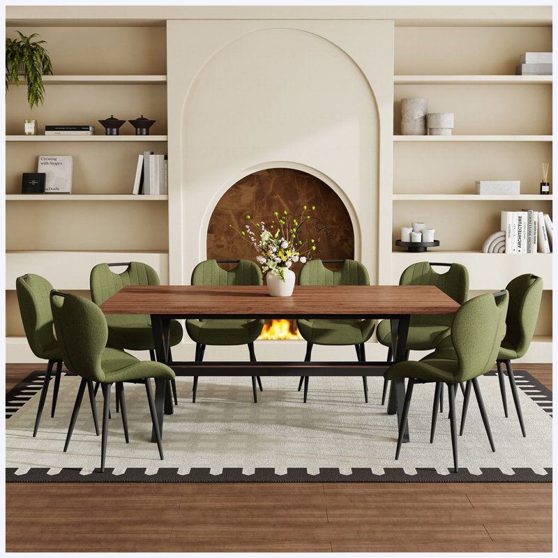 Ensemble de table de salle à manger 71 po x 35,4 po en bois aggloméré noyer avec structure en métal en forme de X, 8 chaises en tissu vert olive avec poignées intégrées