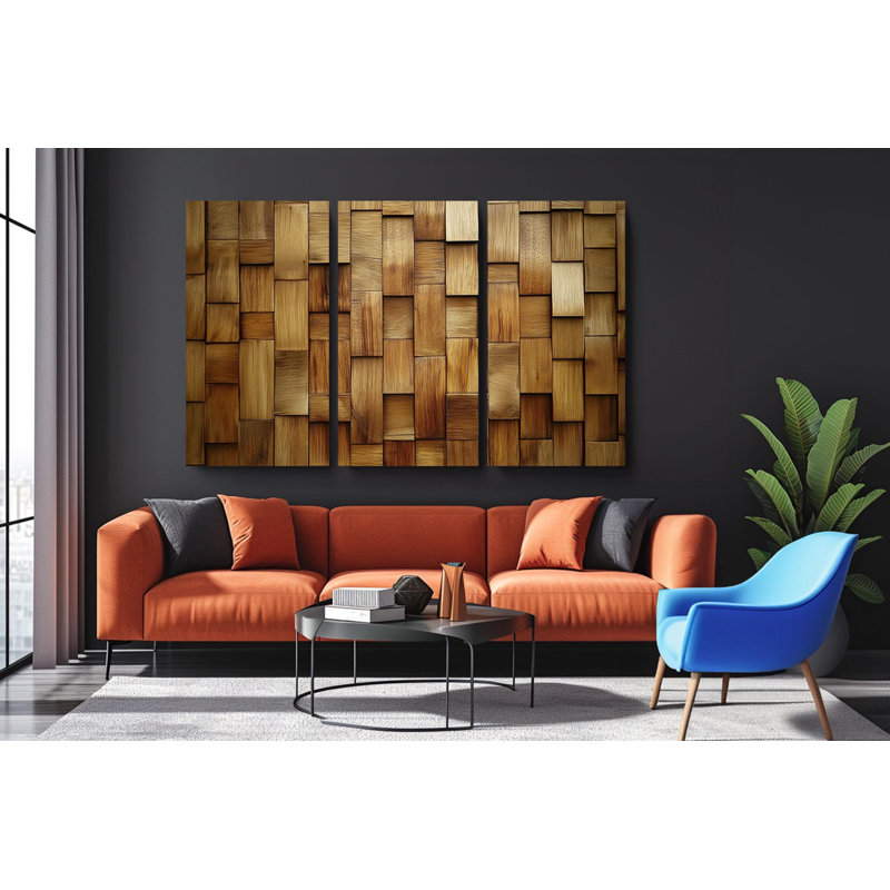 Triptych Canvas Wall Art – Wood Mosaic Triptych Wall Art Set, 30" H x 60" W