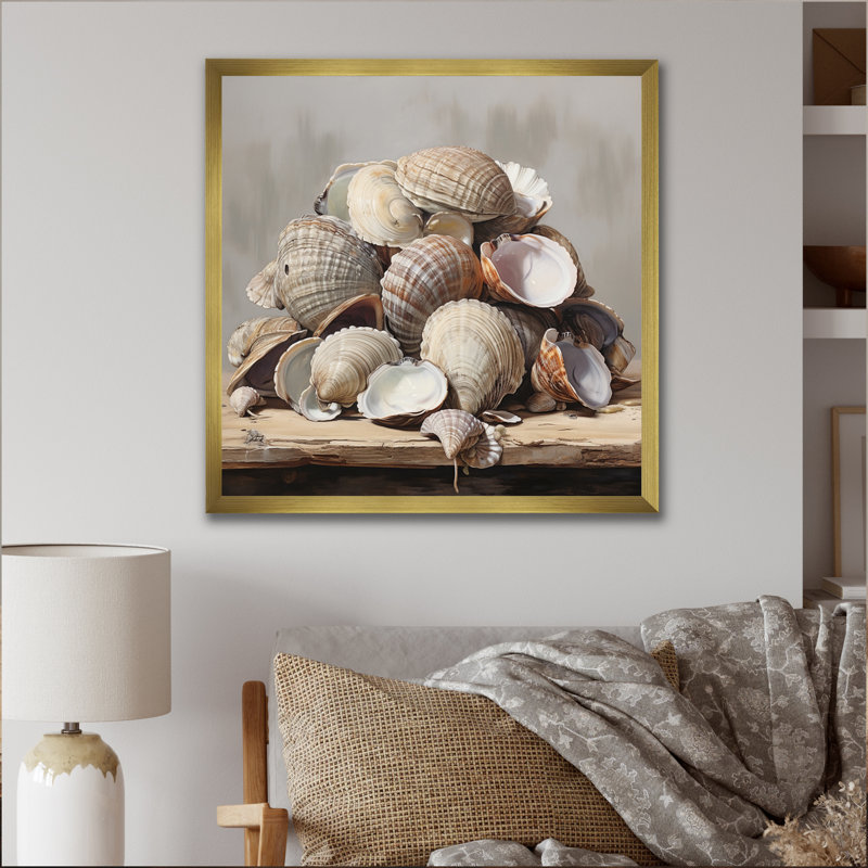 Grey Clam Coastal Harmony I - Animals Wall Art Living Room, H 16 po x l 16 po x P 1 po, Encadrement doré