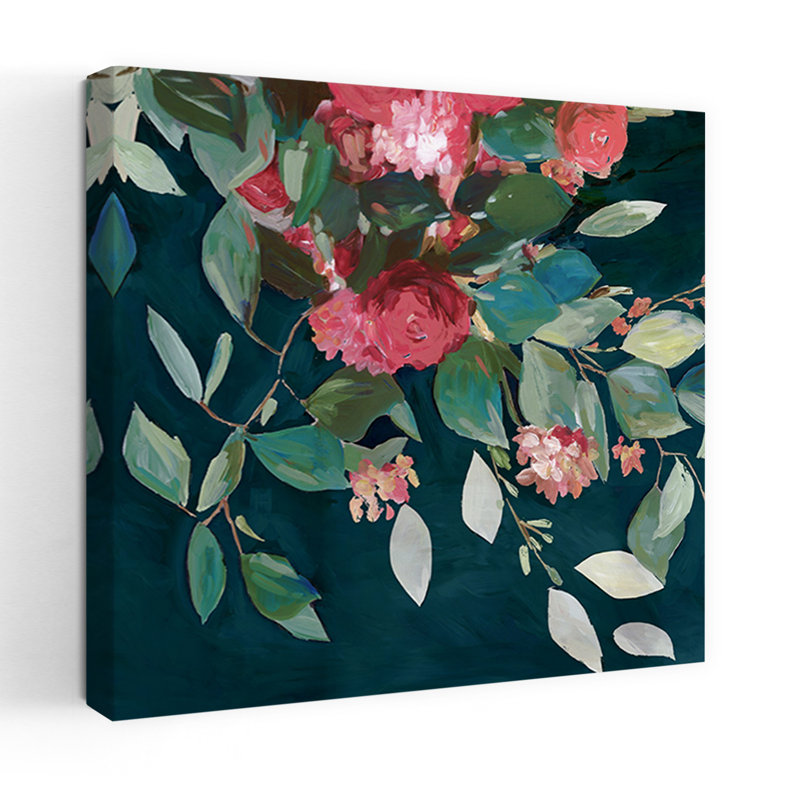 «Blossoms On Deep Green Canvas II», art mural contemporain abstrait, H 18 po x l 18 po