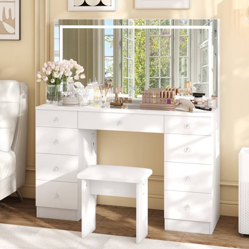 Ensemble de meuble-lavabo 47 po avec miroir DEL et prises de courant, 47 tiroirs avec poignées losanges, Blanc