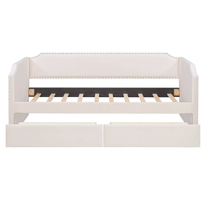 Lit de jour simple rembourré en velours avec 2 tiroirs, beige