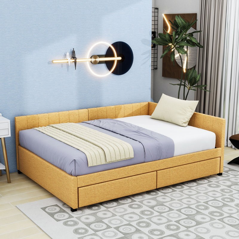 2 Drawers Full Upholstered Daybed, Semi-Closed Design, Yellow