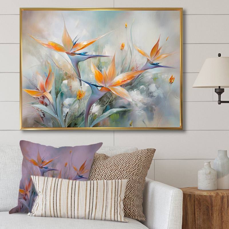Oiseaux de paradis beige et orange I - impression, Cadre flottant doré, H 12 po x l 20 po x P 1 po
