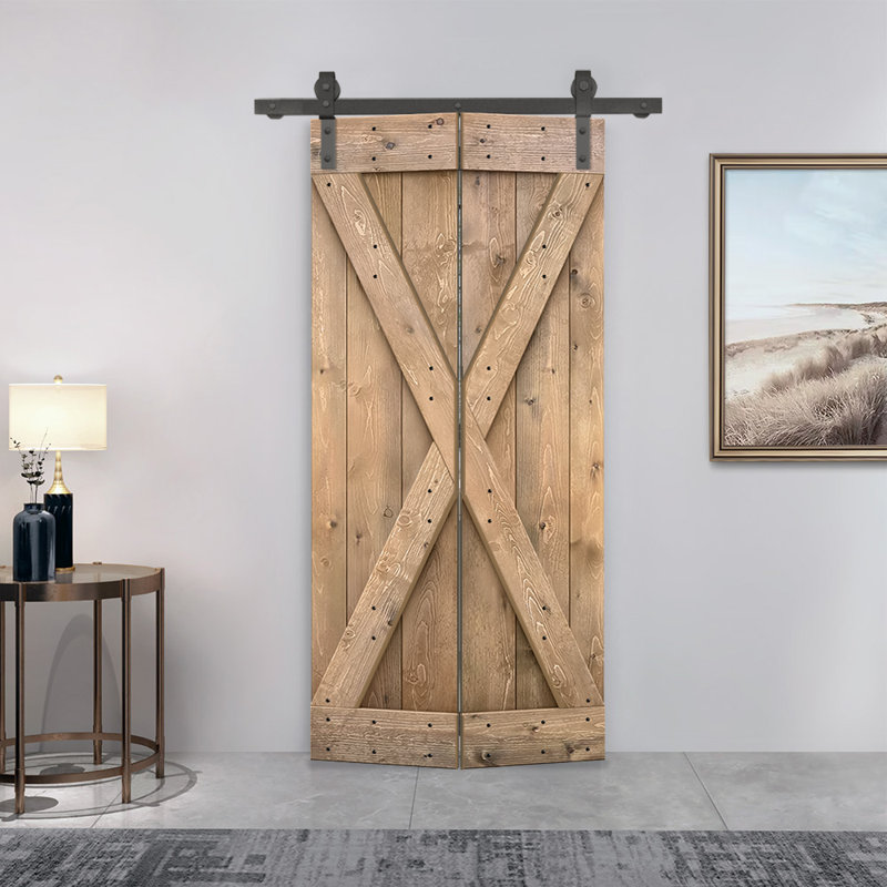 Porte de grange pliante pré-assemblée en bois avec quincaillerie coulissante, Marron clair, 32 po x 84 po
