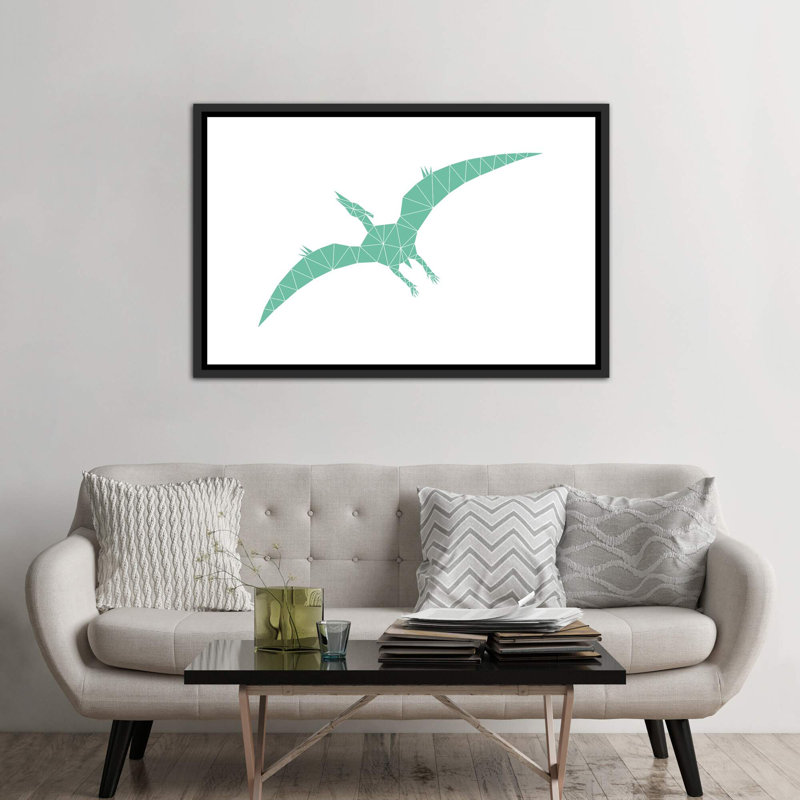 Geometric Dino Pterodactylus - impression d'art graphique, H 40 po x l 60 po x 1,5 po, Toile avec cadre noir patiné