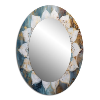 White And Gold Mandala II - Geometric Oval Decorative Mirror On Metal