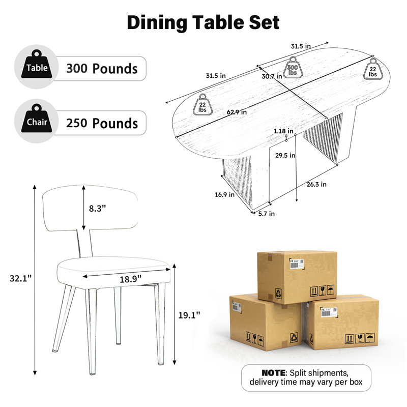 62.9" Oval Dining Table Set For 4-6, MDF Top Kitchen Table With 4-6 Soft Boucle Upholstered Dining Chairs, Modern Luxury Comfort Dining Room Set For Small Space, Apartment & Home