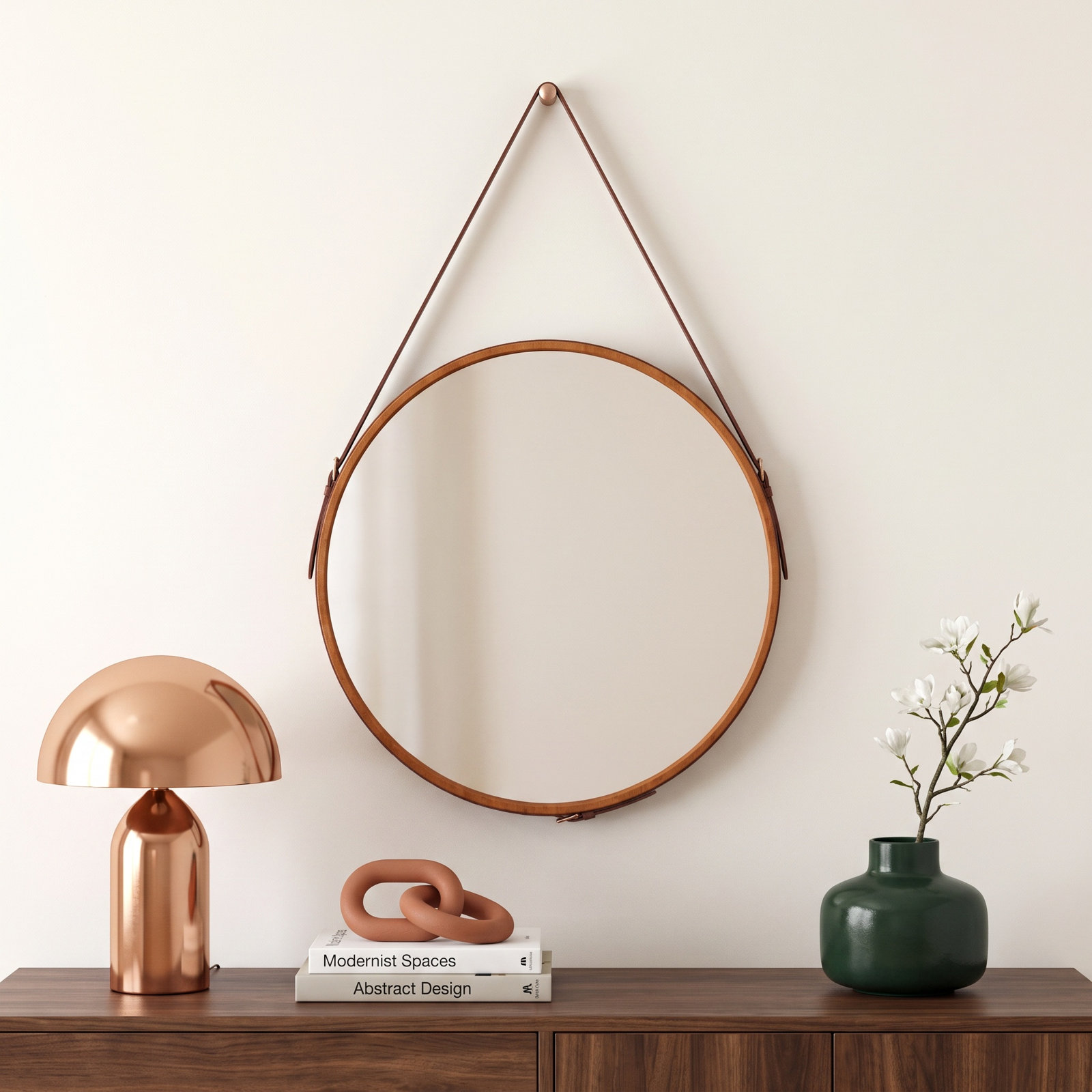 Leather Strap Hanging Wood Wall Mirror, 26" x 26"