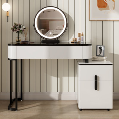 Modern Vanity Table With Tempered Glass Top, Adjustable Height Legs, Storage Cabinet, And Round Mirror - 100Cm Wide White And Black Makeup Desk For Bedroom And Small Spaces