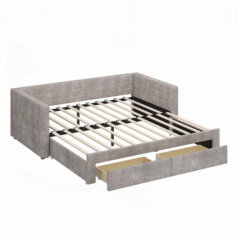 Structure de lit de jour extensible revêtue de chenille avec couchette Draw Tiroirs de rangement, Gris