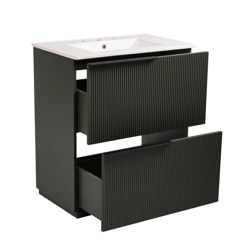 Meuble-lavabo de 30 po avec lavabo en céramique et tiroirs pleine extension, glissières de tiroir à fermeture en douceur, conception cannelée