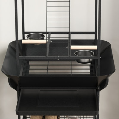 Porte-oiseau gris foncé pour petits perroquets - roues, bols en acier inoxydable, plateau coulissant, support, perroquet durable avec perchoirs multifonctionnels, pratique