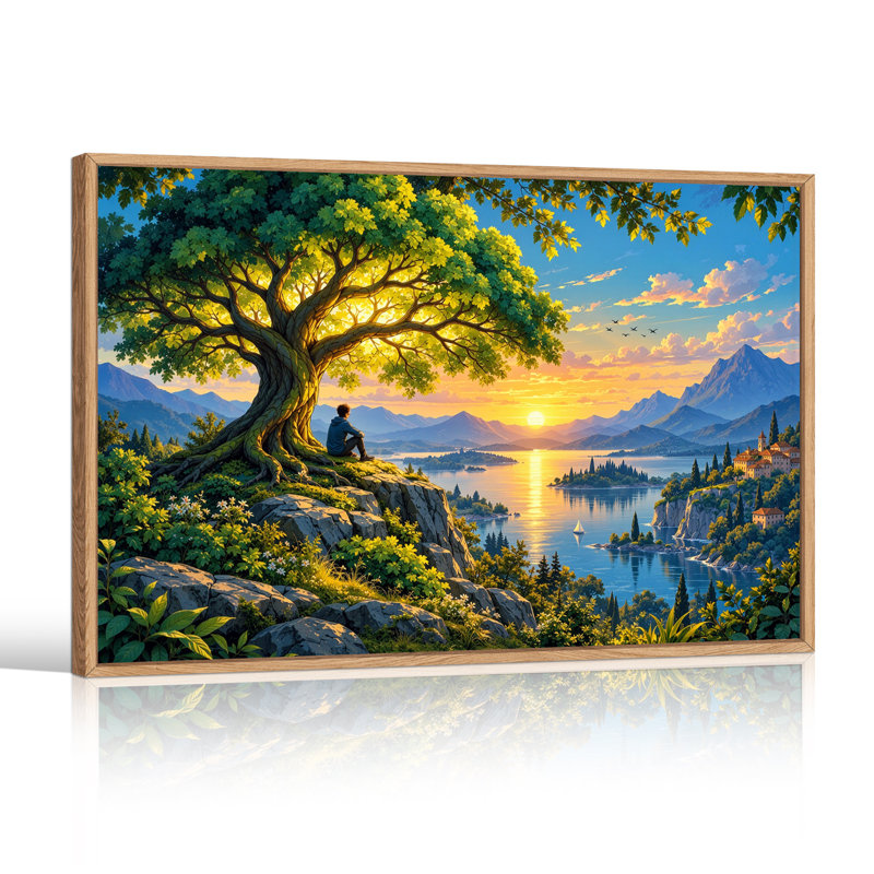 Grande toile murale représentant un arbre surplombant un lac de montagne et un coucher de soleil, H 24 po x l 36 po