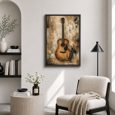 Illustration d'une guitare acoustique rétro avec notes de musique, photos de salle de musique, impression sur toile encadrée
