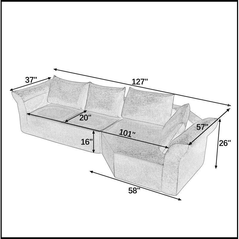 Canapé modulaire avec accoudoir droit, accoudoirs larges et coussins décoratifs, Beige
