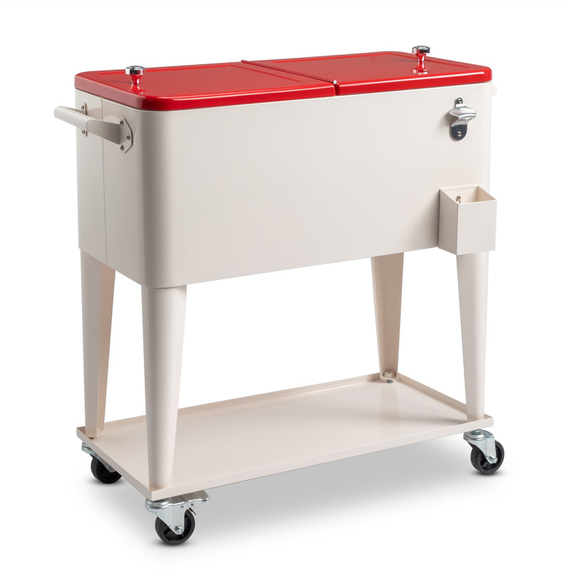 80 Qt. Outdoor Rolling Cooler Cart Storage Cabinet, Milky White/Red