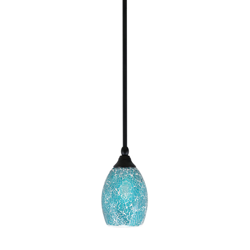 Stem Hung Mini Pendant Shown In Matte Black Finish With 5" Turquoise Fusion Glass