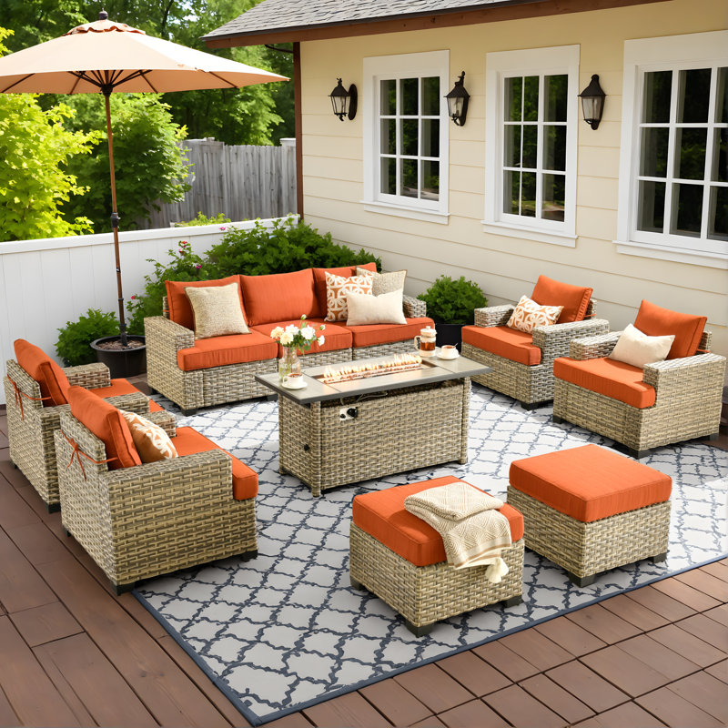 Carolle 9 Piece Patio Furniture With Fire Pit Table, 9-person Comfy Outdoor Rattan Wicker Conversation Set For Porch Balcony Backyard Pool
