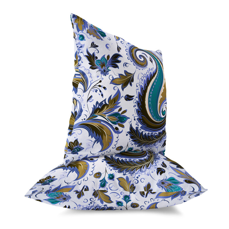 Blue and Olive Paisley Faux Suede Square Throw Pillow