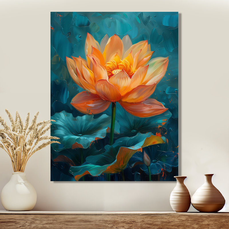 «Vibrant Orange and Blue Lotus Bloom I», art mural Lotus, Toile tendue, H 16 po x l 32 po