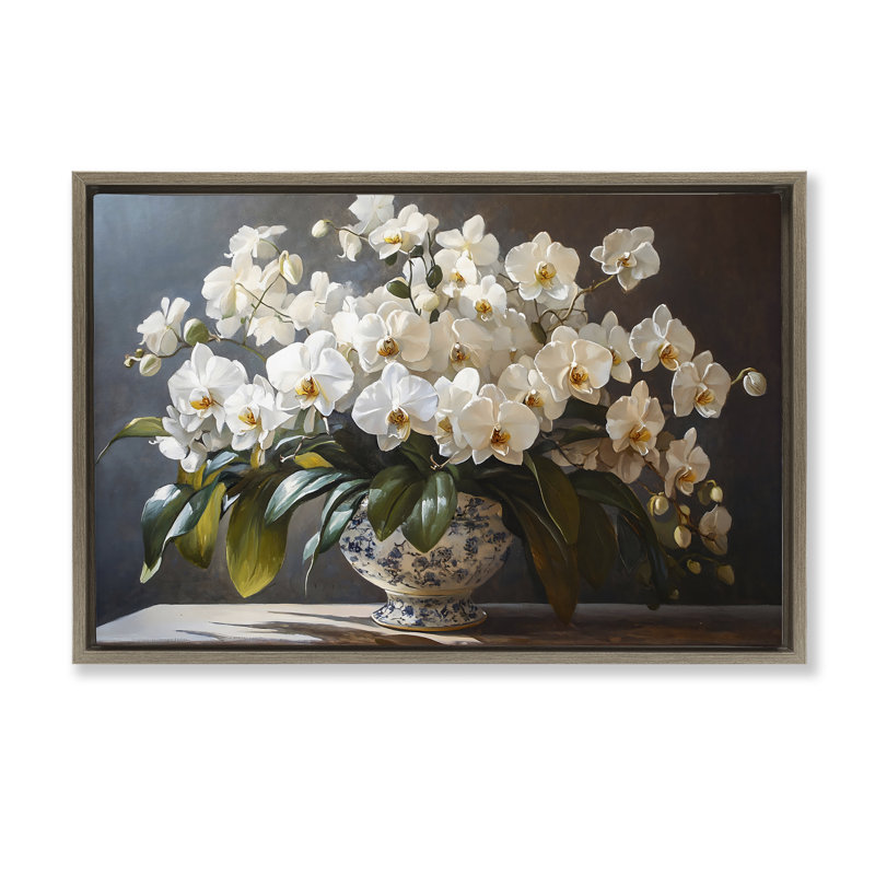 Cadre flottant élégant orchidée, par Franklyn Gregory, H 17 po x l 25 po, Cadre flottant orme Montalcino
