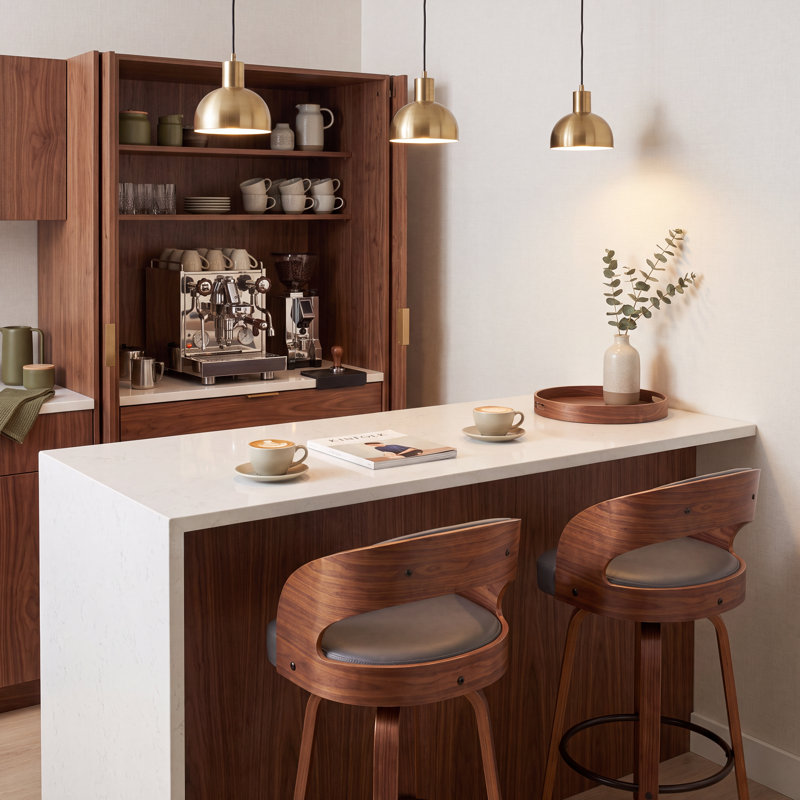 Tabouret de comptoir pivotant moderne de 26 po avec cadre en bois cintré, Gris