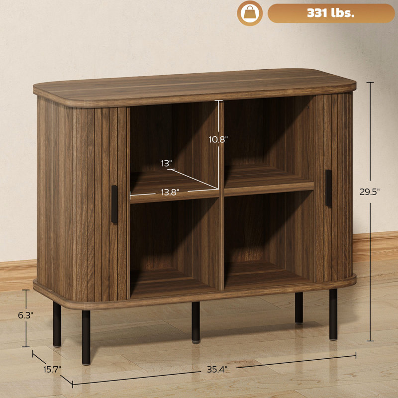 Buffet de style nordique avec portes coulissantes en noyer et à lattes Tambour, rangement dans le salon de la cuisine, support stable, pieds de bar en acier d'une hauteur de 29,5 po et pieds de 35,4 po de longueur