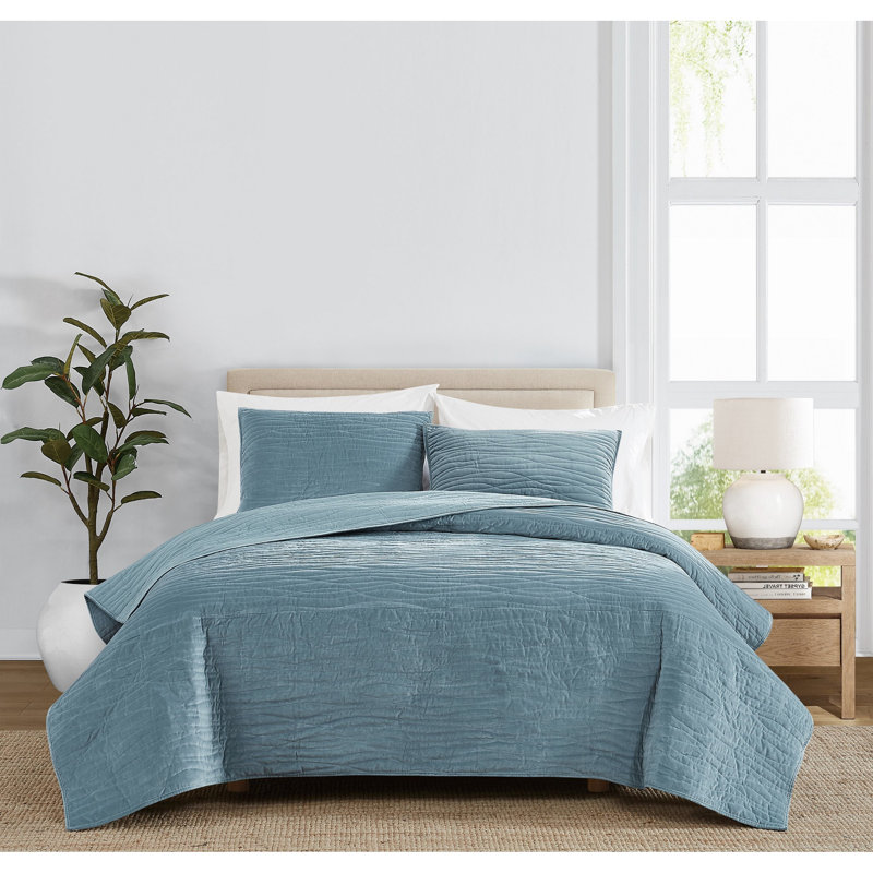 Royal Velvet Wavy Cotton Velvet Quilt Set, Blue, King Quilt + 2 Shams