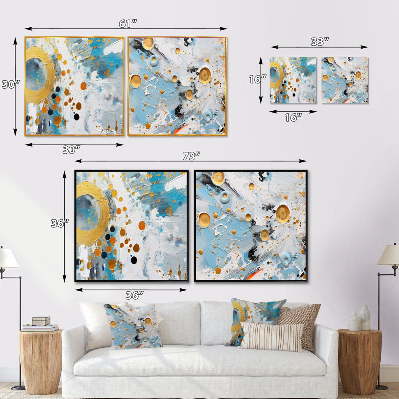 Combat abstrait bleu et bleu sarcelle abstrait et abstrait - Collages abstraits, H 16 po x l 33 po, Cadre flottant doré