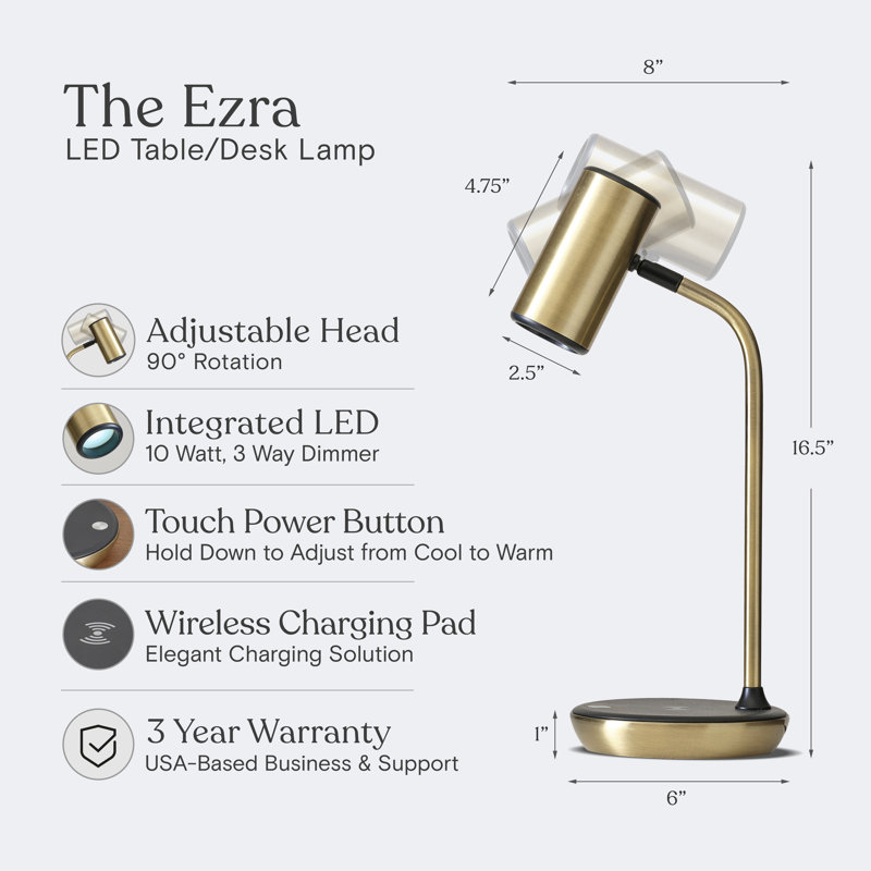 Ezra 16.5" Modern LED Desk Lamp with Gold Finish, Wireless Charging Pad, Adjustable Head, and 3-Way Dimming, Brass