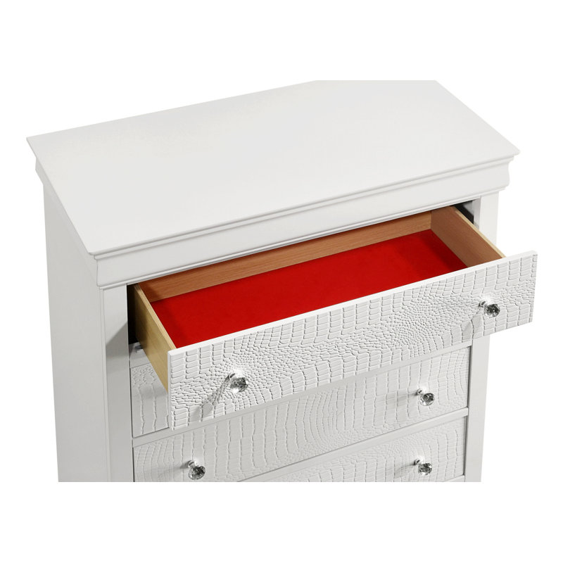 Commode 5 tiroirs de style moderne, structure en bois, Blanc
